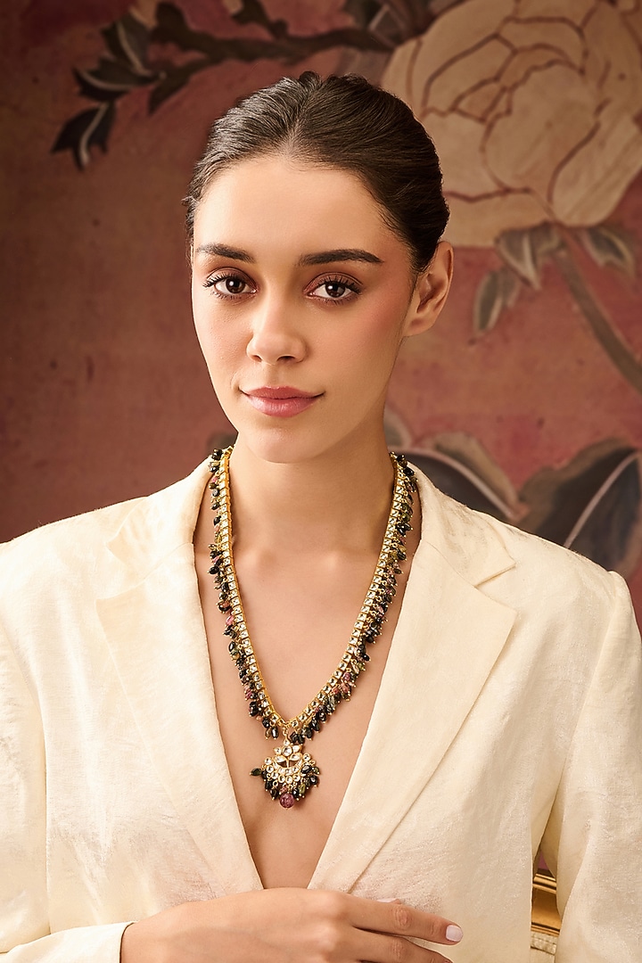 Gold Plated Kundan Polki & Tourmaline Stone Necklace by Paisley Pop at Pernia's Pop Up Shop