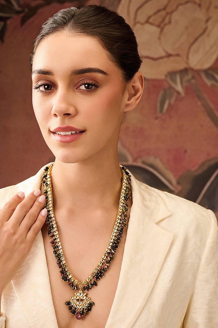 Gold Plated Kundan Polki & Tourmaline Stone Necklace by Paisley Pop at Pernia's Pop Up Shop