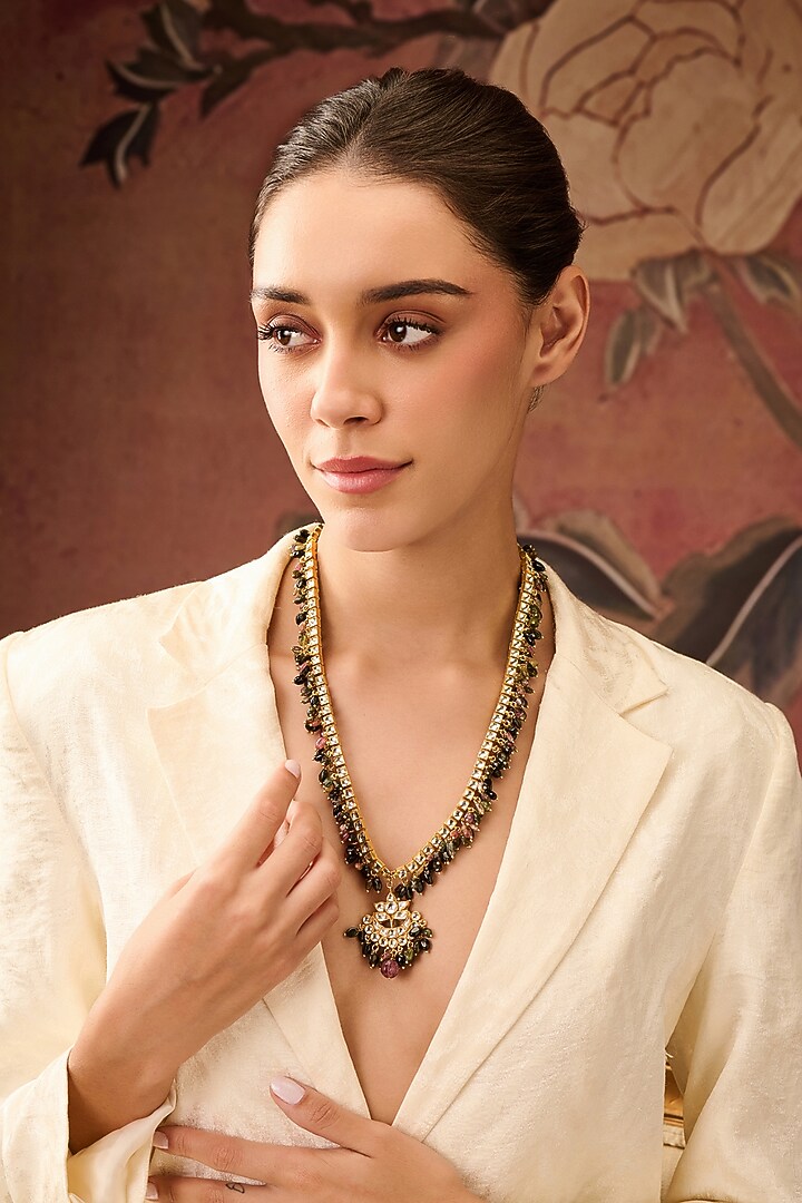 Gold Plated Kundan Polki & Tourmaline Stone Necklace by Paisley Pop at Pernia's Pop Up Shop