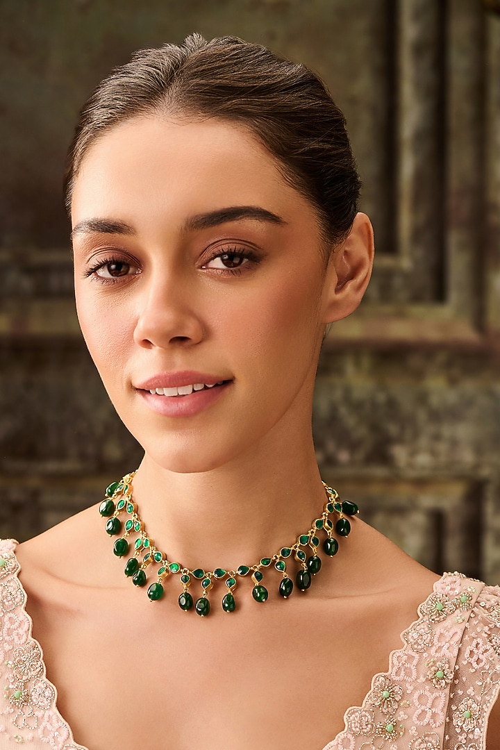 Gold Plated Kundan Polki & Jade Green Stone Necklace by Paisley Pop at Pernia's Pop Up Shop