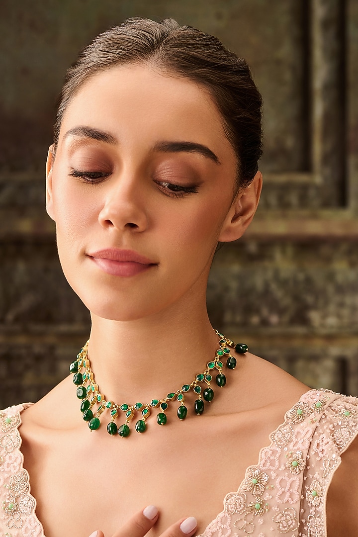 Gold Plated Kundan Polki & Jade Green Stone Necklace by Paisley Pop at Pernia's Pop Up Shop