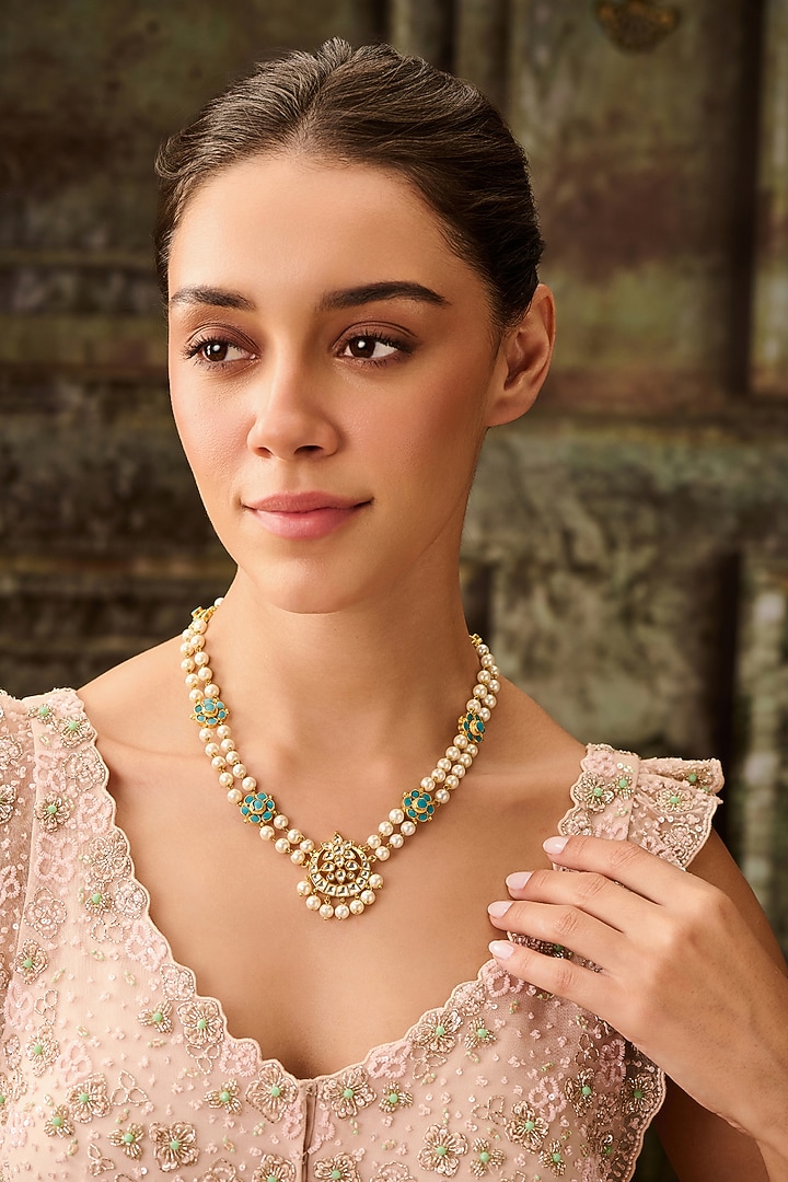 Gold Plated Turquoise Kundan Polki & Pearl Necklace by Paisley Pop at Pernia's Pop Up Shop