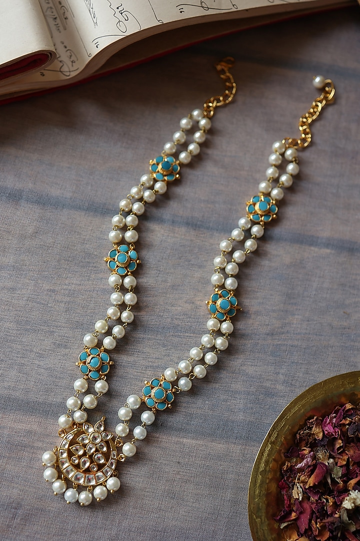 Gold Plated Turquoise Kundan Polki & Pearl Necklace by Paisley Pop at Pernia's Pop Up Shop
