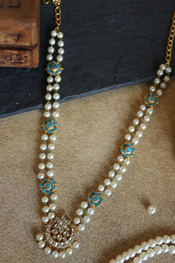 Gold Plated Turquoise Kundan Polki & Pearl Necklace by Paisley Pop at Pernia's Pop Up Shop
