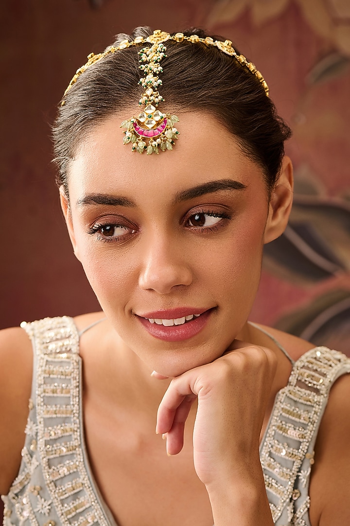 Gold Plated Kundan Polki Adjustable Floral Mathapatti by Paisley Pop at Pernia's Pop Up Shop