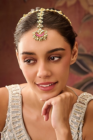 Gold Plated Kundan Polki Adjustable Floral Mathapatti by Paisley Pop