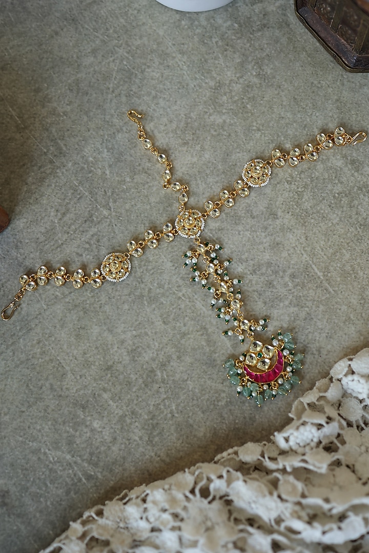 Gold Plated Kundan Polki Adjustable Floral Mathapatti by Paisley Pop at Pernia's Pop Up Shop