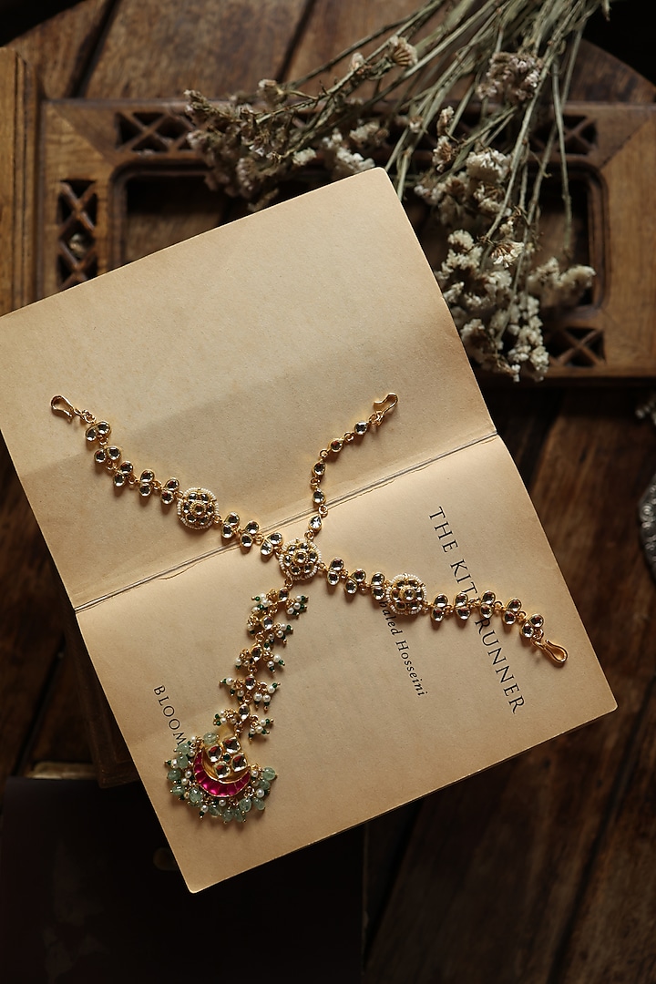 Gold Plated Kundan Polki Adjustable Floral Mathapatti by Paisley Pop at Pernia's Pop Up Shop