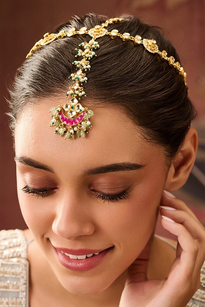 Gold Plated Kundan Polki Adjustable Floral Mathapatti by Paisley Pop at Pernia's Pop Up Shop