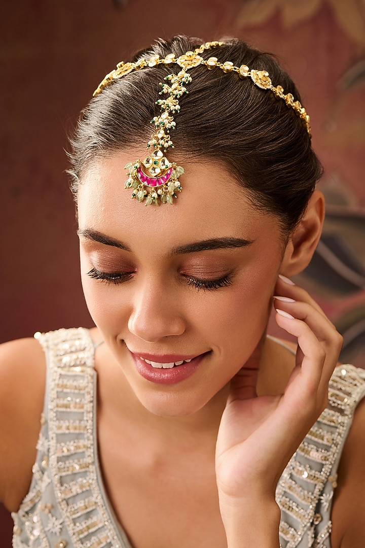 Gold Plated Kundan Polki Adjustable Floral Mathapatti by Paisley Pop at Pernia's Pop Up Shop