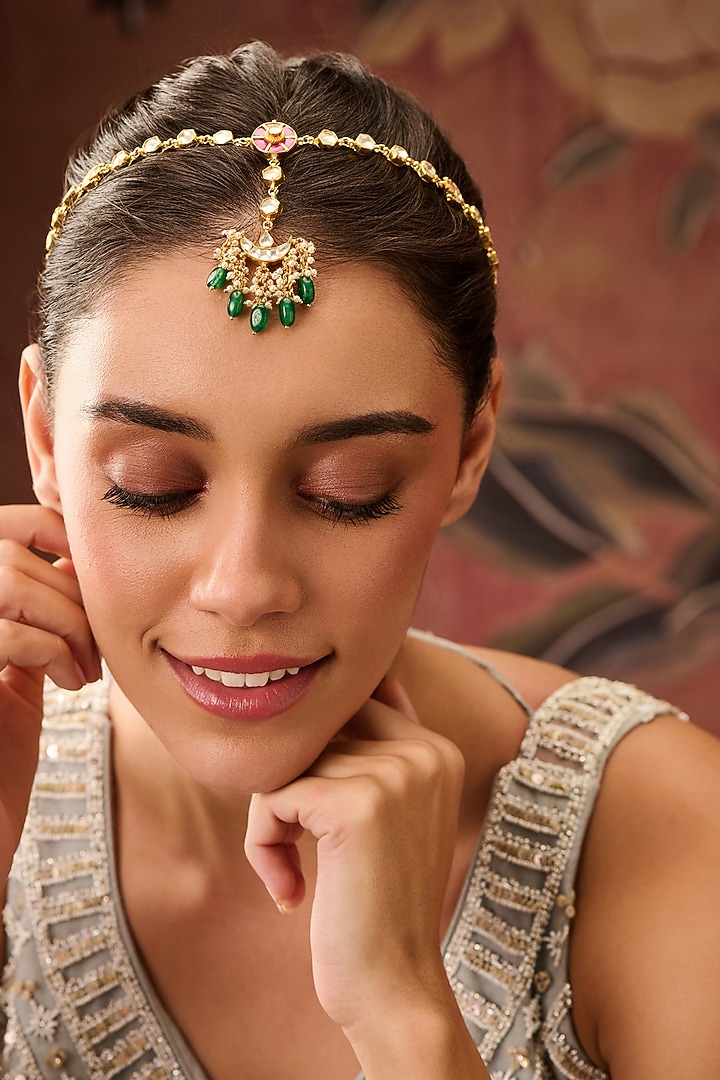 Gold Plated Kundan Polki & Jade Green Stone Adjustable Floral Mathapatti by Paisley Pop at Pernia's Pop Up Shop