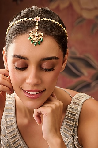 Gold Plated Kundan Polki & Jade Green Stone Adjustable Floral Mathapatti by Paisley Pop