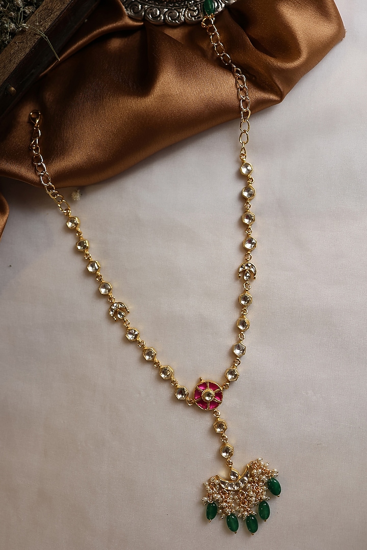 Gold Plated Kundan Polki & Jade Green Stone Adjustable Floral Mathapatti by Paisley Pop at Pernia's Pop Up Shop