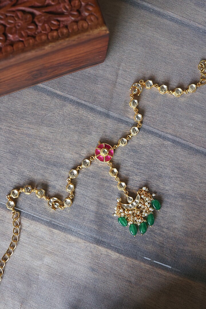 Gold Plated Kundan Polki & Jade Green Stone Adjustable Floral Mathapatti by Paisley Pop at Pernia's Pop Up Shop
