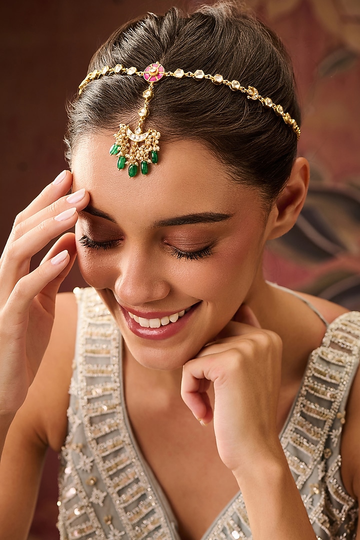 Gold Plated Kundan Polki & Jade Green Stone Adjustable Floral Mathapatti by Paisley Pop at Pernia's Pop Up Shop