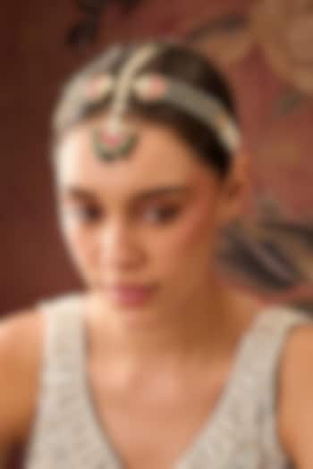 Gold Plated Red Kundan Polki & Jade Green Stone Adjustable Mathapatti by Paisley Pop at Pernia's Pop Up Shop