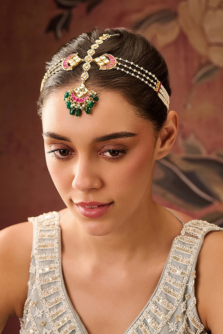 Gold Plated Red Kundan Polki & Jade Green Stone Adjustable Mathapatti by Paisley Pop at Pernia's Pop Up Shop