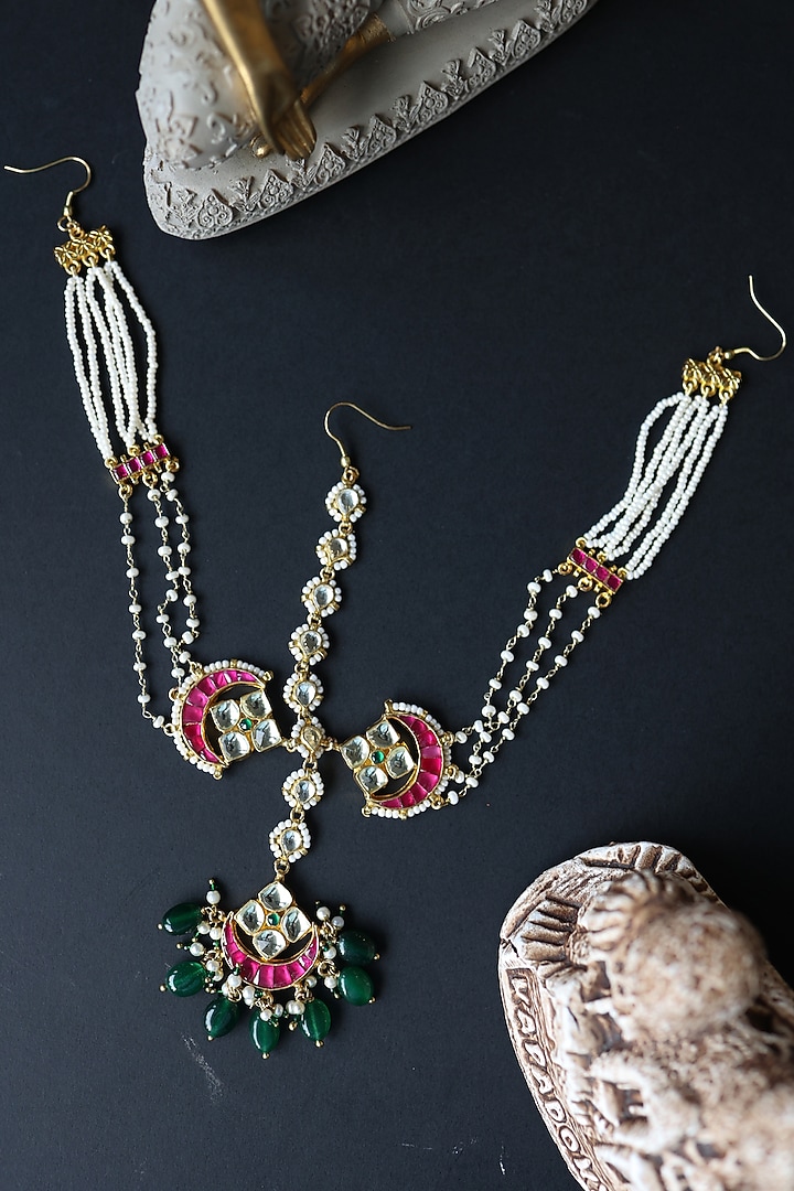 Gold Plated Red Kundan Polki & Jade Green Stone Adjustable Mathapatti by Paisley Pop at Pernia's Pop Up Shop