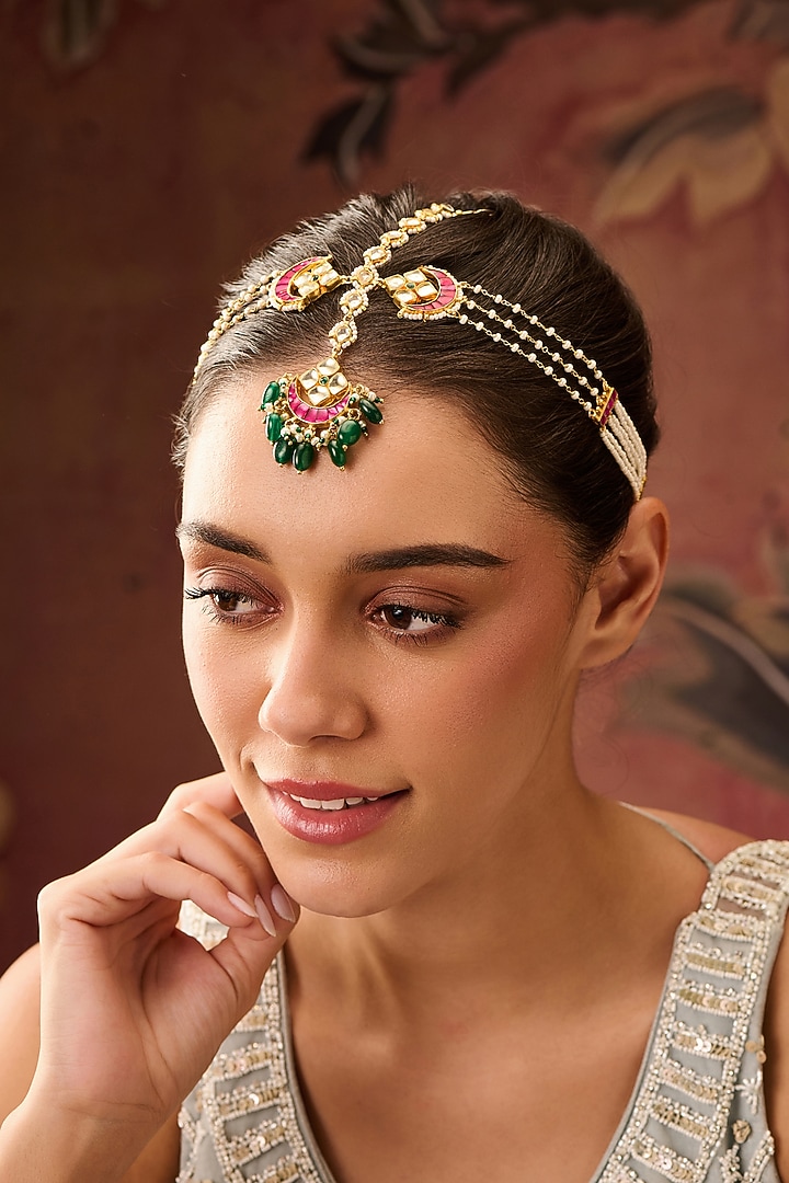 Gold Plated Red Kundan Polki & Jade Green Stone Adjustable Mathapatti by Paisley Pop at Pernia's Pop Up Shop
