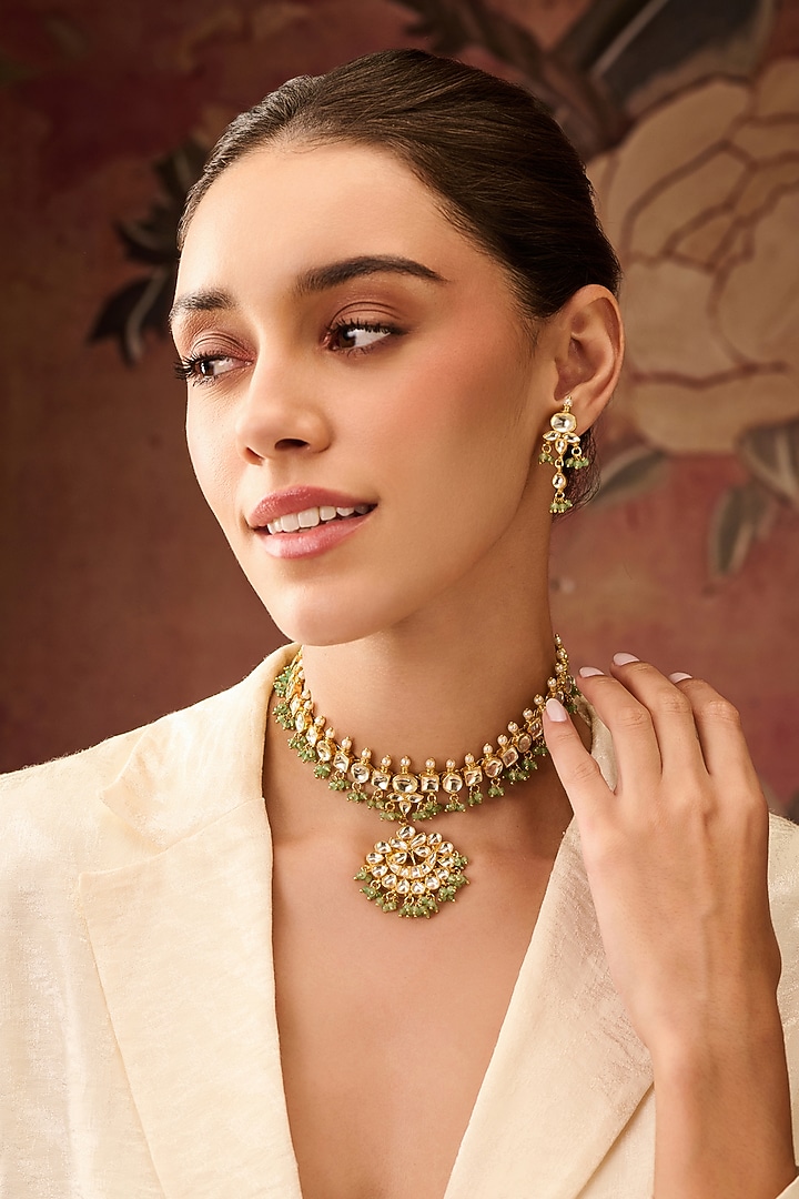 Gold Plated Kundan Polki & Mint Onyx Necklace Set by Paisley Pop at Pernia's Pop Up Shop