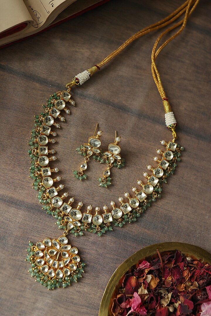 Gold Plated Kundan Polki & Mint Onyx Necklace Set by Paisley Pop at Pernia's Pop Up Shop