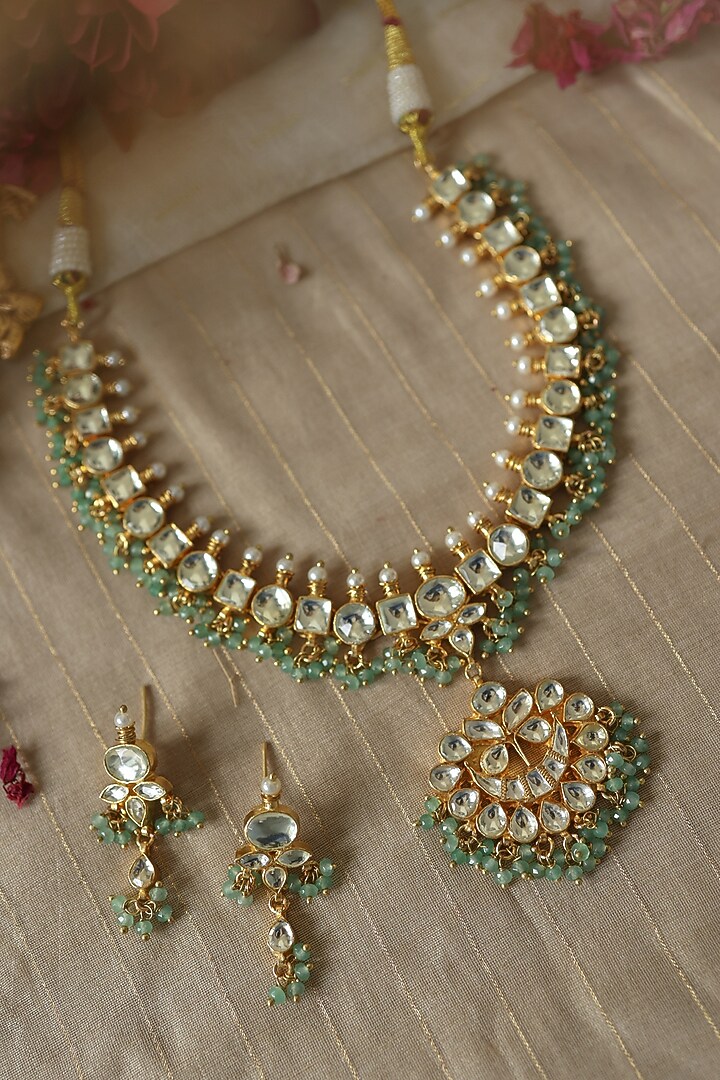 Gold Plated Kundan Polki & Mint Onyx Necklace Set by Paisley Pop at Pernia's Pop Up Shop