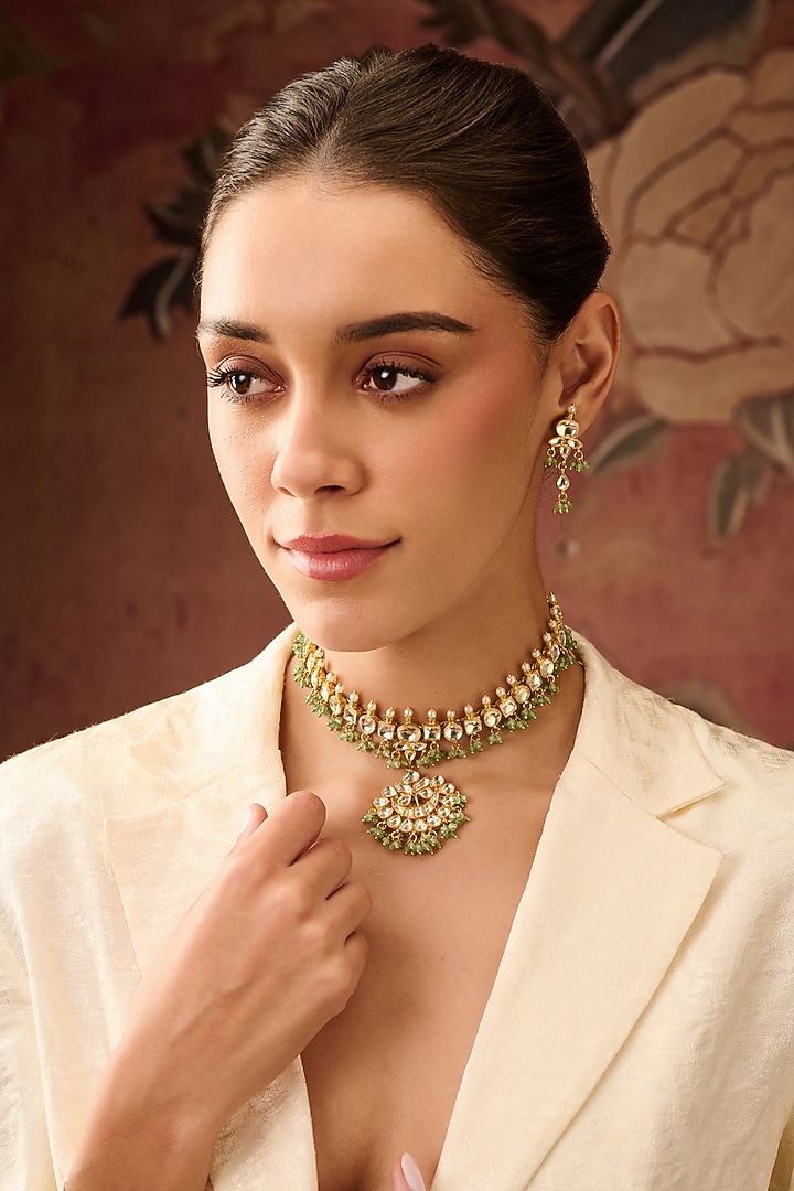 Gold Plated Kundan Polki & Mint Onyx Necklace Set by Paisley Pop at Pernia's Pop Up Shop