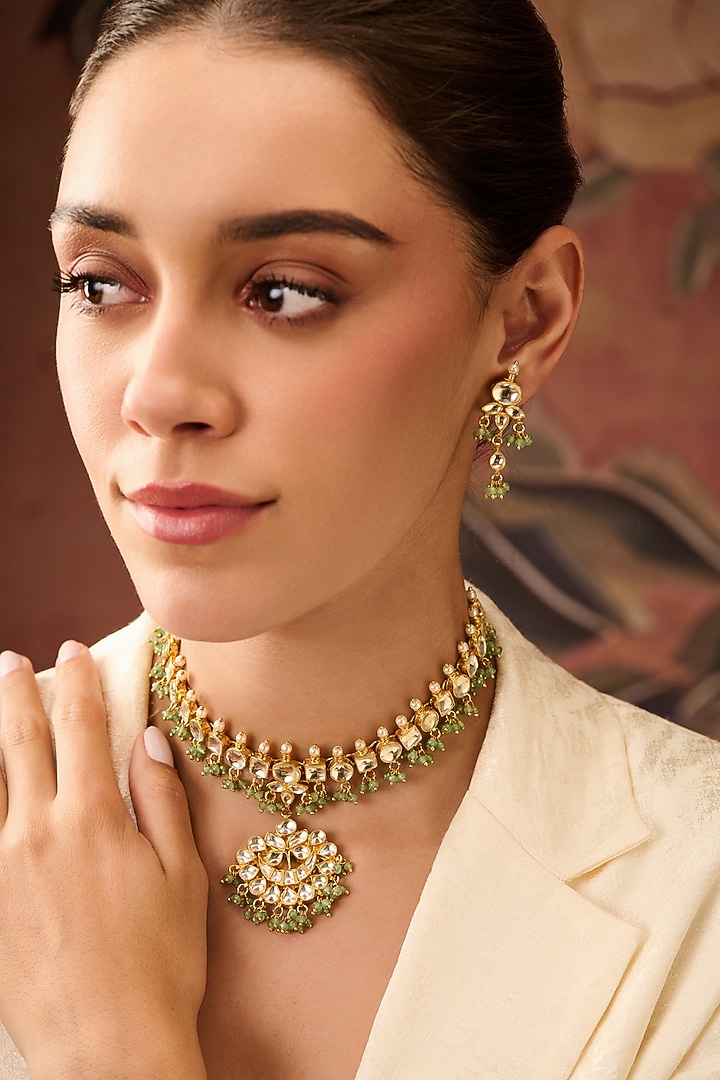 Gold Plated Kundan Polki & Mint Onyx Necklace Set by Paisley Pop at Pernia's Pop Up Shop