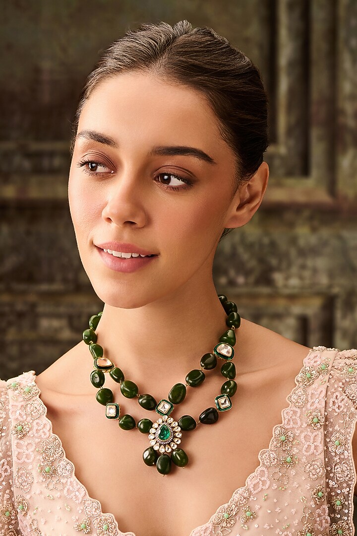 Gold Plated Kundan Polki & Jade Green Stone Necklace by Paisley Pop at Pernia's Pop Up Shop