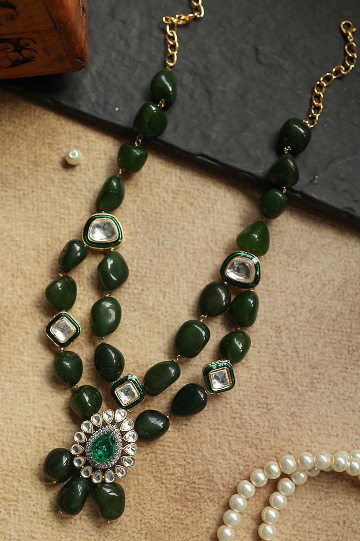 Gold Plated Kundan Polki & Jade Green Stone Necklace by Paisley Pop at Pernia's Pop Up Shop