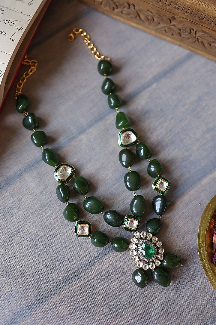 Gold Plated Kundan Polki & Jade Green Stone Necklace by Paisley Pop at Pernia's Pop Up Shop