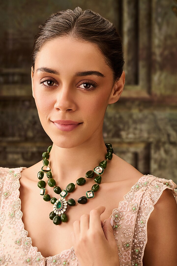 Gold Plated Kundan Polki & Jade Green Stone Necklace by Paisley Pop at Pernia's Pop Up Shop