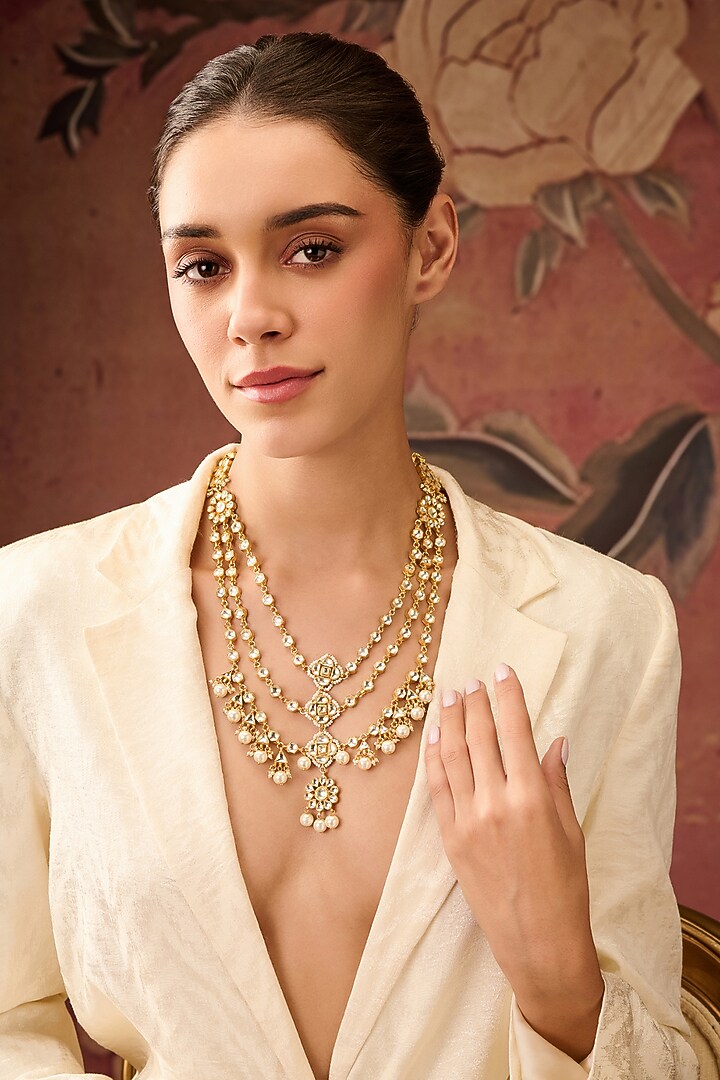 Gold Plated Kundan Polki & Pearl Necklace by Paisley Pop at Pernia's Pop Up Shop