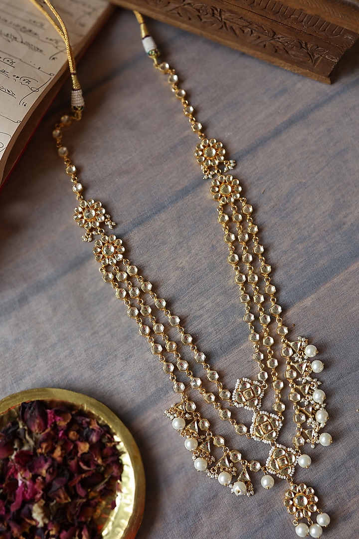 Gold Plated Kundan Polki & Pearl Necklace by Paisley Pop at Pernia's Pop Up Shop