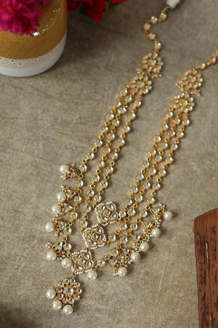 Gold Plated Kundan Polki & Pearl Necklace by Paisley Pop at Pernia's Pop Up Shop