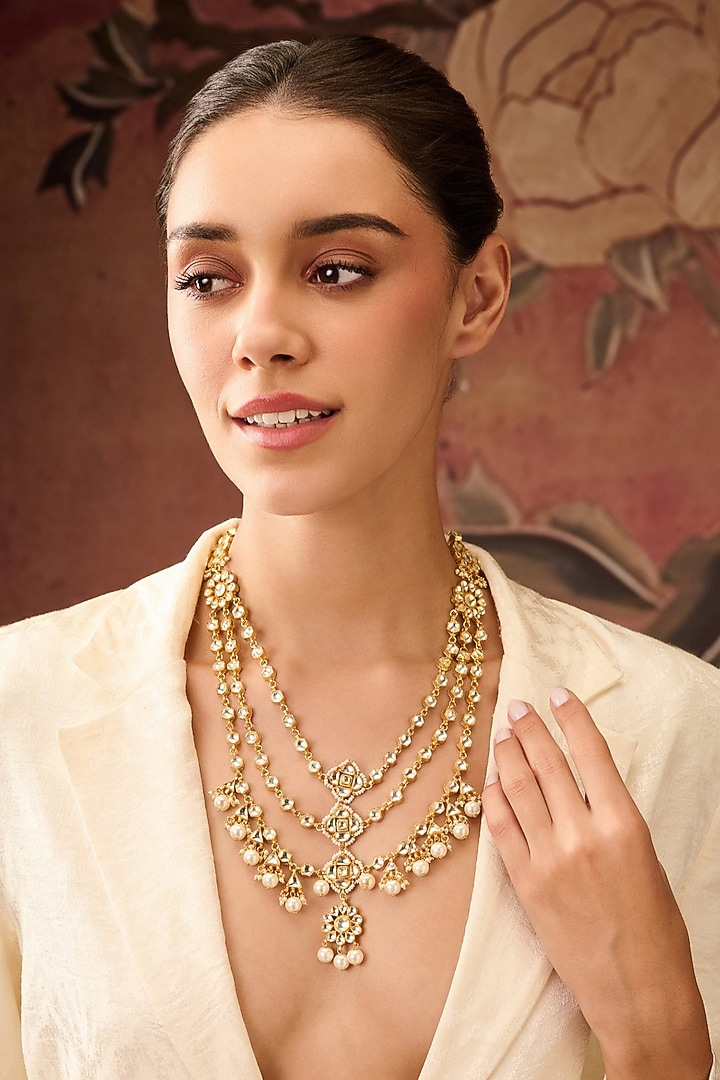 Gold Plated Kundan Polki & Pearl Necklace by Paisley Pop at Pernia's Pop Up Shop