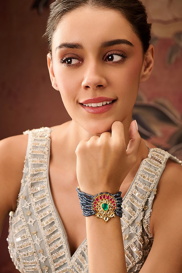 Gold Plated Kundan Polki & Blue Onyx Bracelet by Paisley Pop at Pernia's Pop Up Shop