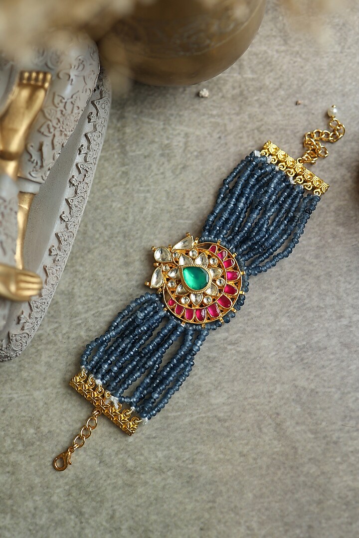 Gold Plated Kundan Polki & Blue Onyx Bracelet by Paisley Pop at Pernia's Pop Up Shop