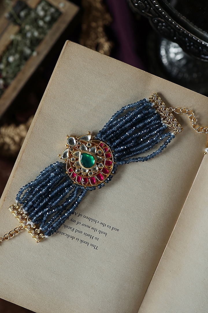 Gold Plated Kundan Polki & Blue Onyx Bracelet by Paisley Pop at Pernia's Pop Up Shop