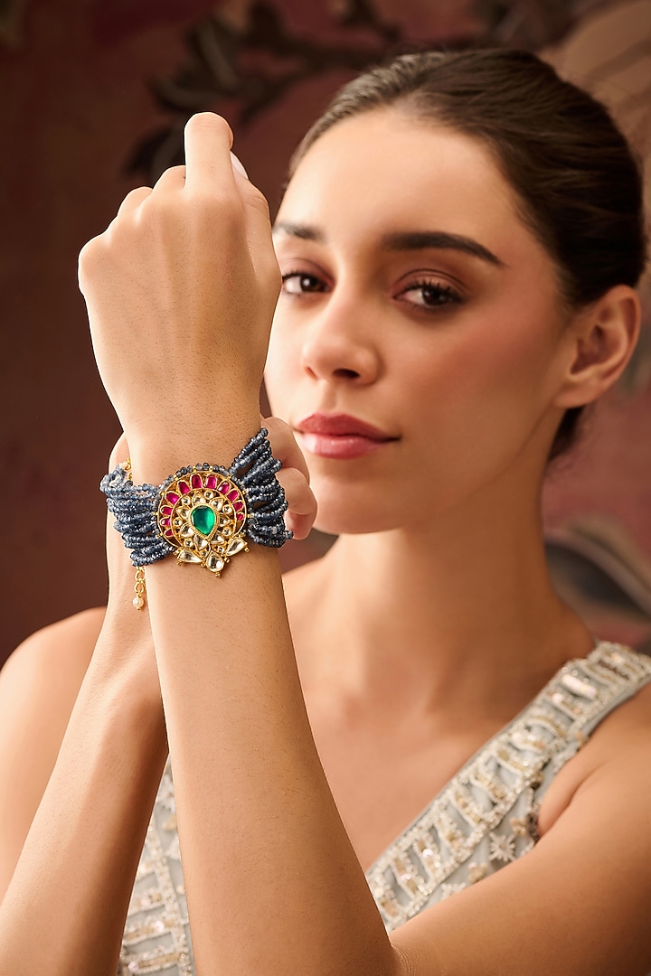 Gold Plated Kundan Polki & Blue Onyx Bracelet by Paisley Pop at Pernia's Pop Up Shop