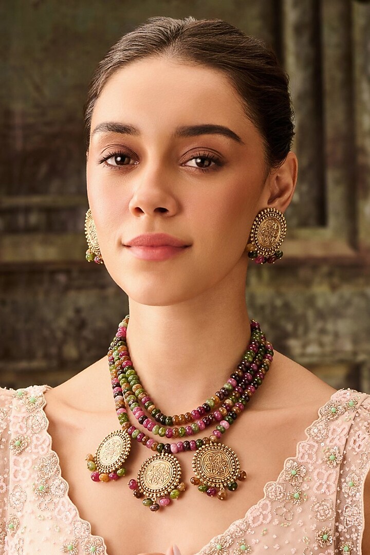 Gold Plated Multi-Colored Tourmaline Stone Necklace Set by Paisley Pop at Pernia's Pop Up Shop