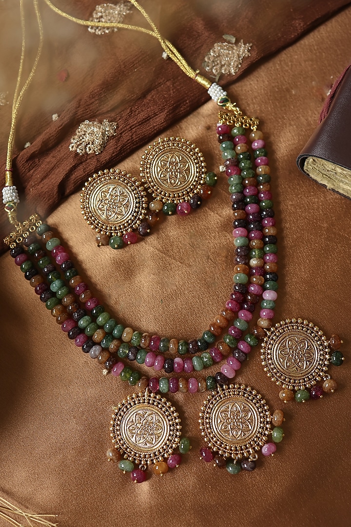 Gold Plated Multi-Colored Tourmaline Stone Necklace Set by Paisley Pop at Pernia's Pop Up Shop