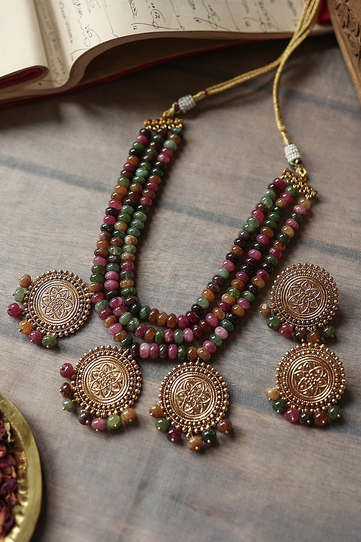 Gold Plated Multi-Colored Tourmaline Stone Necklace Set by Paisley Pop at Pernia's Pop Up Shop