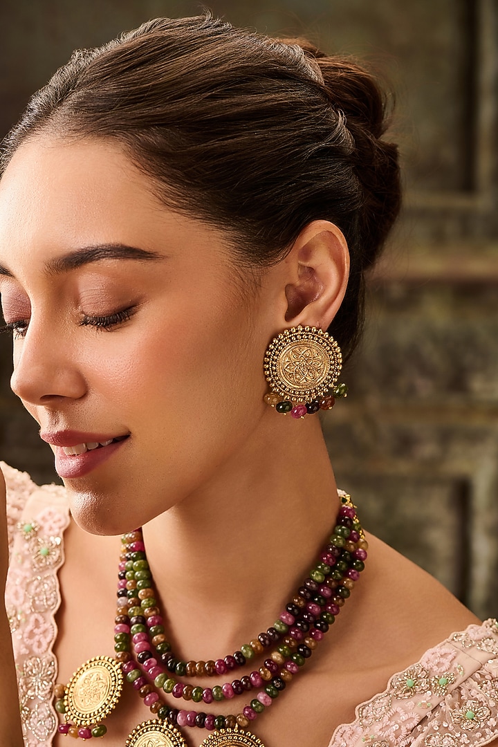 Gold Plated Multi-Colored Tourmaline Stone Necklace Set by Paisley Pop at Pernia's Pop Up Shop