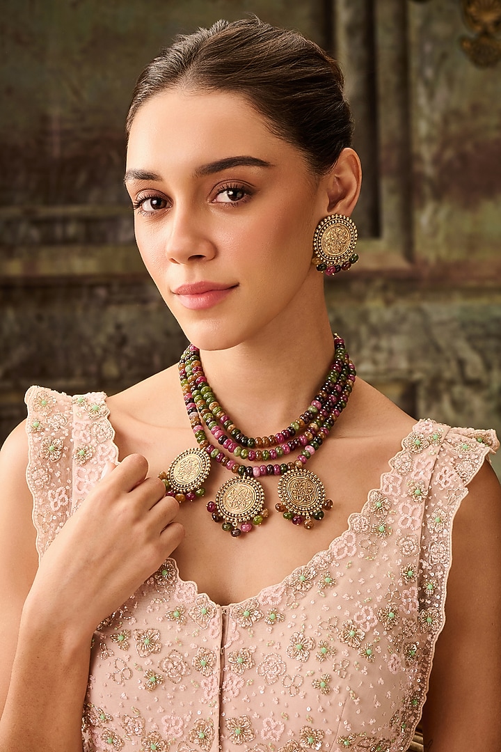 Gold Plated Multi-Colored Tourmaline Stone Necklace Set by Paisley Pop at Pernia's Pop Up Shop