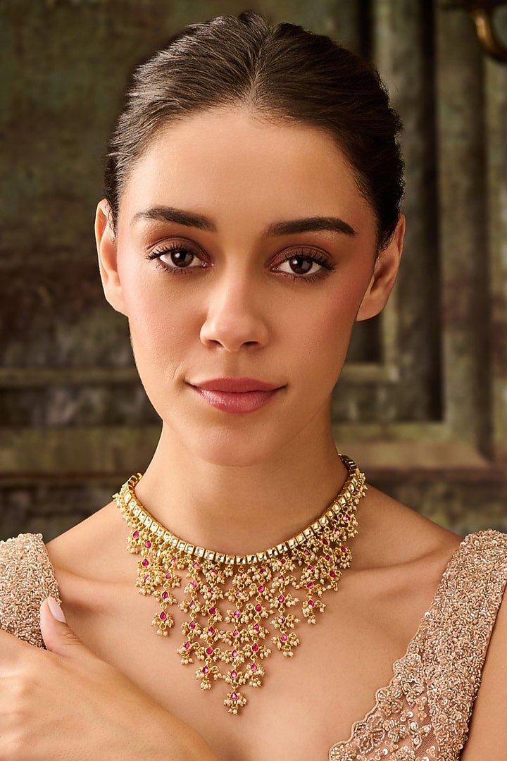 Gold Plated Red Kundan Polki & Pearl Necklace by Paisley Pop at Pernia's Pop Up Shop