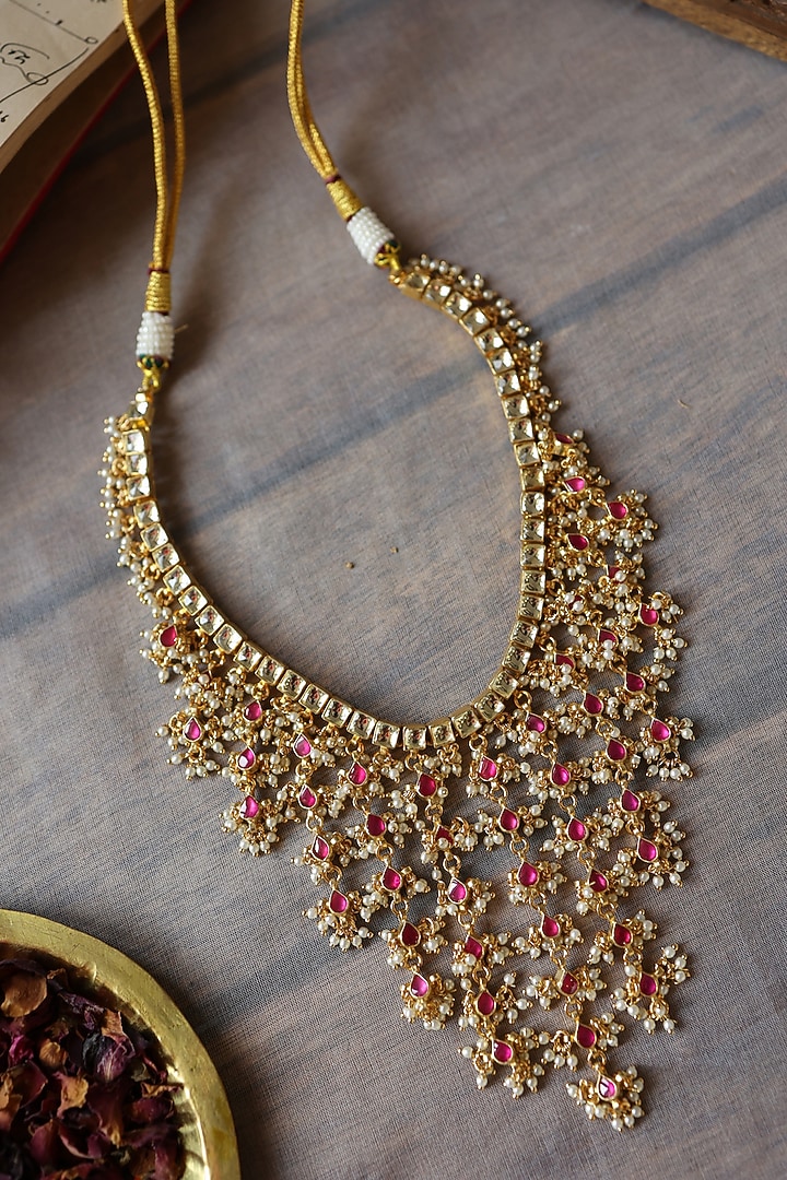 Gold Plated Red Kundan Polki & Pearl Necklace by Paisley Pop at Pernia's Pop Up Shop