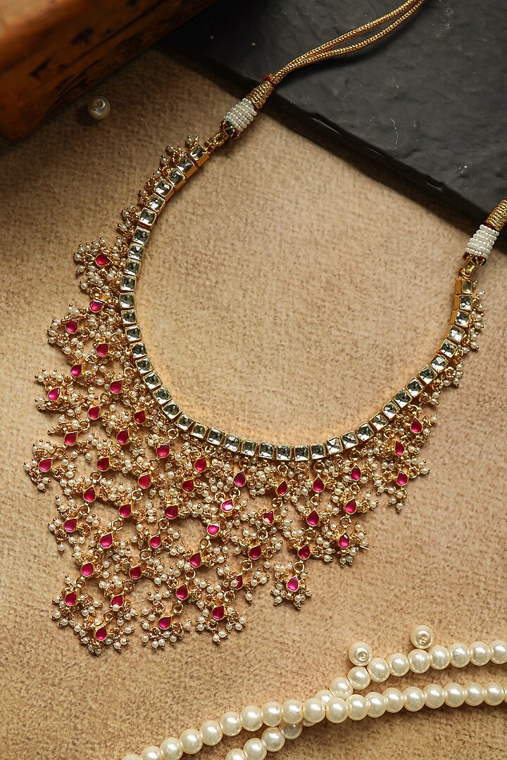 Gold Plated Red Kundan Polki & Pearl Necklace by Paisley Pop at Pernia's Pop Up Shop