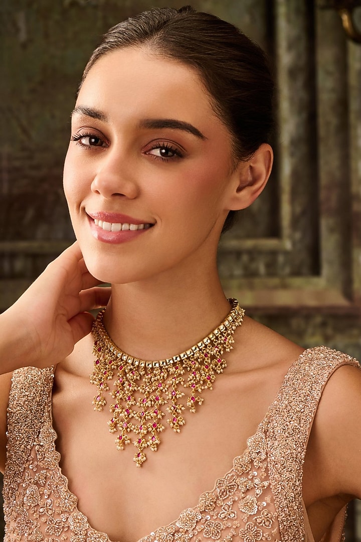 Gold Plated Red Kundan Polki & Pearl Necklace by Paisley Pop at Pernia's Pop Up Shop