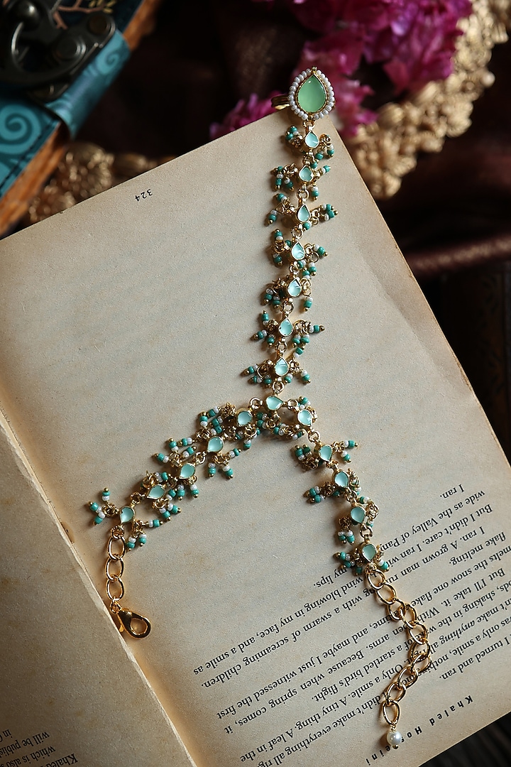 Gold Plated Red Turquoise Beaded & Pearl Adjustable Haathphool by Paisley Pop at Pernia's Pop Up Shop